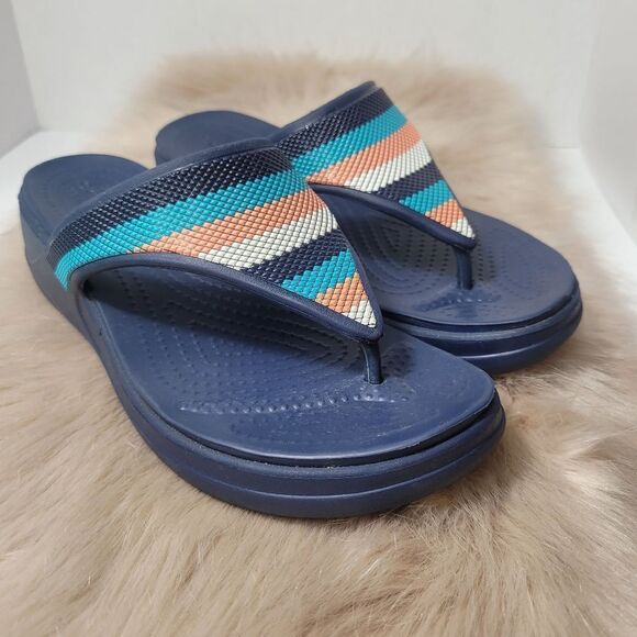 Crocs Womens Monterey Beaded Stripe Wedge Flip Flop Blue/Multi Size 7 - Picture 1 of 9